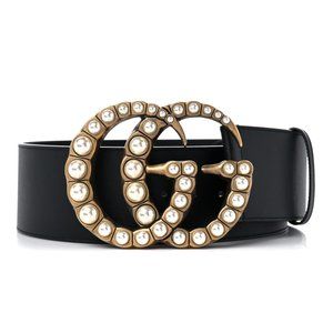 Gucci Double G Wide Belt Pearl Calfskin Leather Black GG Logo Buckle